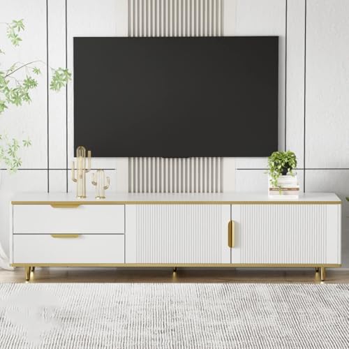 KOMHTOM Meuble TV bas blanc avec deux tiroirs et portes, meuble TV moderne pour salon, chambre à coucher (blanc)