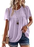 Falechay Tops for Women Sexy Casual Solid Short Sleeve Purple Blouse Bohemian Lace Crewneck Babydoll Chiffon Pom Pom Tunic Loose L