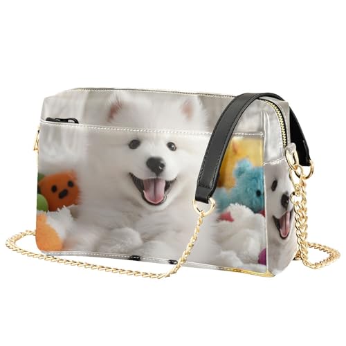 Women Crossbody Bag Shoulder Handbag Cellphone Purse White Cute Dog Print, PU Leather Metal Chain Strap Water Resistant Zipper Closure2