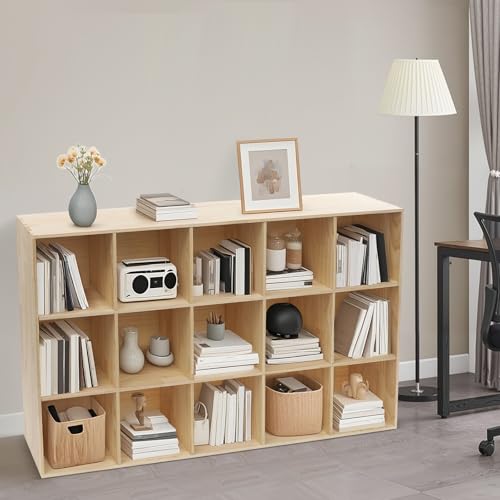 15-Cube Storage Shelf Bookcase, 3-Tier Solid Wood Floor Standing Open Bookshelf, Minimalist Display Storage Bookshelves for Living Room, Bedroom, 59’’W x 35’’H(Log Color) - Image 4