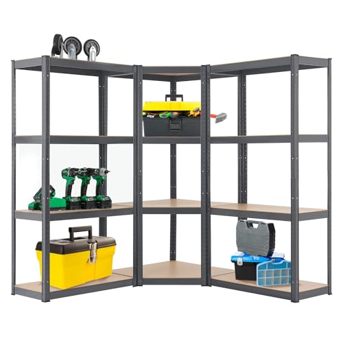 Juskys Sistema de 3 estanterías metálicas Easy | 1 estantería esquinera y 2 estanterías de Almacenamiento | 12 estantes de Madera MDF | 960 kg | Estantería para Cargas Pesadas Unión por Encaje | Gris