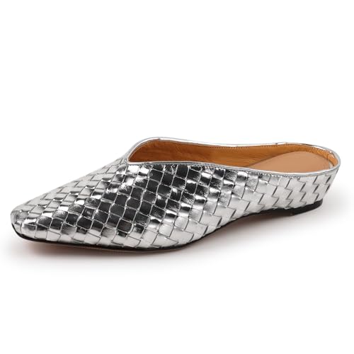 LUXMUWA Womens Mules Slip on Comfortable Woven Metallic Leather Slides Ladies Trendy Silver Pointed Toe Hidden Wedge Mules Size 7