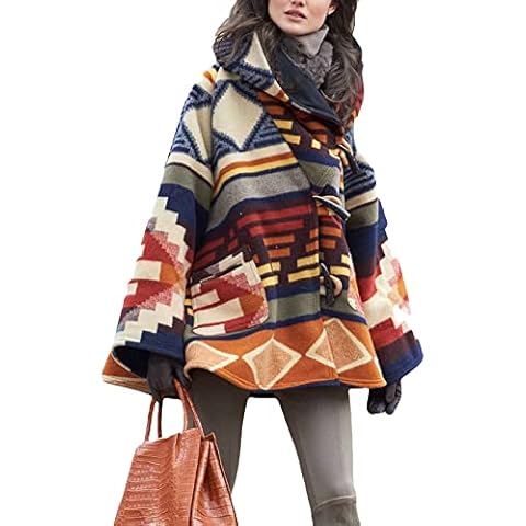 Hongsuny Women Hooded Jacket Vintage Hooded Coat Loose Vintage Print Long Sleeves Button Up Hooded Jacket Autumn Winter Warm Outwear Cover