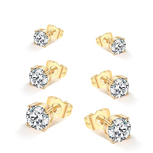 Yumay 9CT Gold Filled 3 Pairs Stud Earrings Set with Crystal for Women/Girls