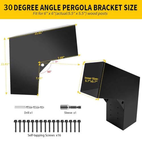 Image of 2-Way 30 Degree Angled Pergola Roof Brackets,L-Shaped Slant Post Brackets for 6 inch x 6 inch (Actual:5.5 inchx5.5 inch) Lumber,Heavy Duty DIY Wood Post Bracket for Pavilion,Porch,Deck with Screw(1pcs)