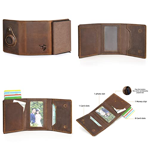 Natural Crazy Horse Leather Travel Gift Front Pocket With Airtag Card Case Snap Organizer Rfid Wallet For Men Male 1691 (Brown)4