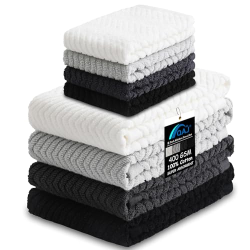 Image of 100% Cotton Kitchen Towels and Dishcloths Set, Pack of 8 Super Absorbent 16 inch x 25 inch Kitchen Towels and 13 inch x 13 inch Dish Cloths (400 GSM)
