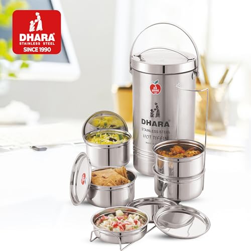 Image of Dhara Stainless Steel Big 5 Tier Tiffin Box, 1950ml | Insulated, For Office Work Travel & Picnic Use