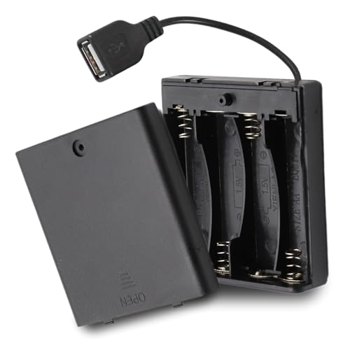 TECHZOCO Portapilas con Interruptor ON/Off, Soporte de Batería AA, Caja de Batería, Porta Pilas, Incluye Cable USB Hembra, Voltaje Total: 6V (1.5V por Pila), Apto para 4 Pilas LR6 AA (FR6, HR6, LR6)