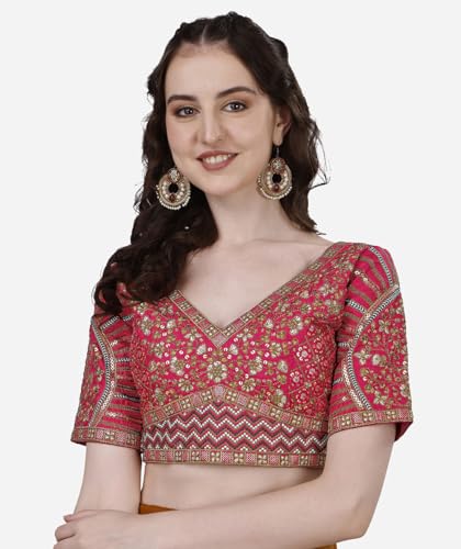 Image of Pujia Mills Mills Women's Fancy Readymade Heavy Coding Embroidary Worked Half Sleeve Multicolor Saree Blouse(Mushroom)