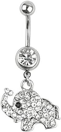 14G Stainless Steel Clear Crystal Elephant Dangle Navel Belly Button Ring Bar