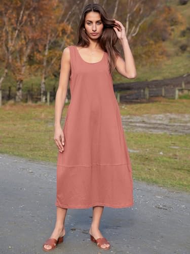 Image of BerryGo Women's Loose Casual Midi Cotton Dresses Sundress Sleeveless Beach Summer Trendy Tank Top Dress with Pockets