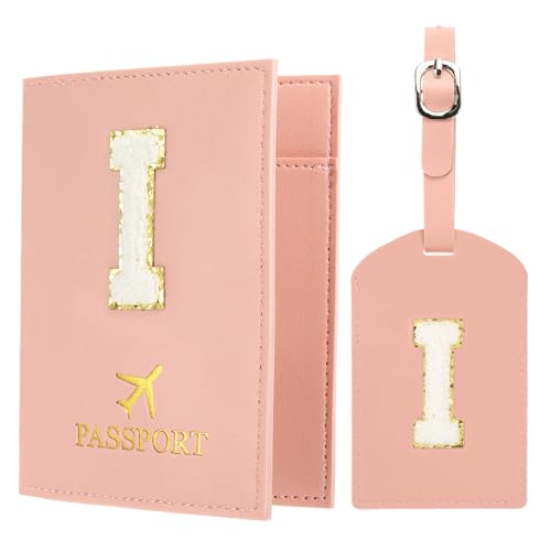 PATIKIL Passport Holder for Travel, Initial Passport Cover and Luggage Tag Set with Alphabet Chenille Letter Patch Travel Wallet Bag Suitcase Identifier for Women Family Travel Pink I