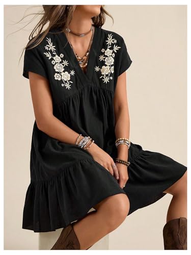 Verdusa Women's Boho Western Cowgirl Floral Embroidery Dress Short Sleeve V Neck Ruffle Short Dresses4