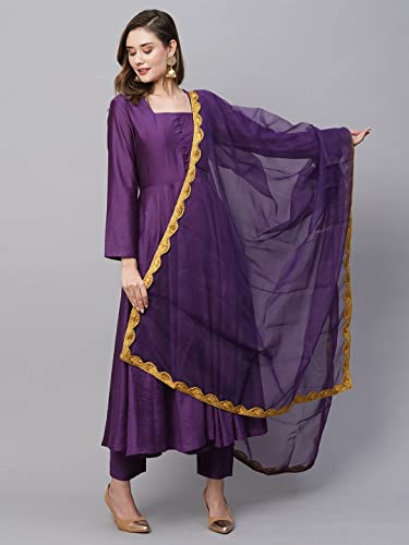 Image of GoSriKi Women's Cotton Blend Anarkali Solid Kurta with Pant & Dupatta (Mini-BEGANI-GS)