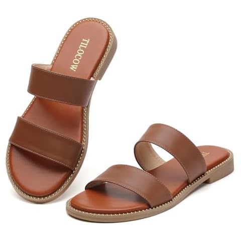 Tilocow Women's Flat Sandals with Rivets Inlaid Slip on Sandals Two Strap Casual Summer Slide Shoes Cover