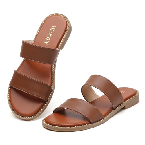 Image of Tilocow Women's Flat Sandals Two Strap Summer Dressy Studded Slide Sandals Open Toe Cute Casual Slip on Comfort Shoes for Beach Travel Daily Wear