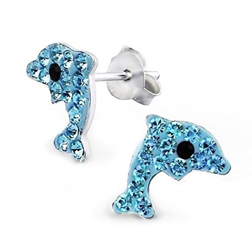 GH1a Blau Kristall Delfin Ohrstecker Ohrringe 925 Echt Silber Mädchen Damen Ohrhänger Delphin