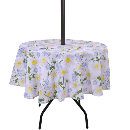 SUQ I OME Patio Outdoor Tablecloth with Umbrella Hole,Garden Tablecloth with Umbrella Hole and Zipper,Table Cloths for Host Backyard Parties, BBQs,Family Gatherings(Daisy, 60'' Round with Zipper)