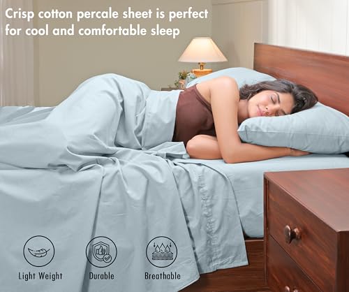 Image of RUVANTI 100% Cotton Percale Sheets California King - Crisp Cooling Summer Bed Sheets for Hot Sleepers, Deep Pocket 12 inch, Soft Peach Finish, Breathable & Durable Hotel-Style 4 Piece Set, Ice Blue