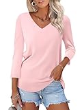 ORANDESIGNE Women's 3/4 Sleeves V Neck T Shirts Casual Summer Tops Basic Tees Pink