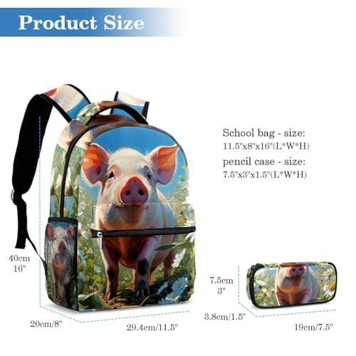Sac à dos de jour cochon et fleur avec cartable scolaire et trousse à crayons enfant