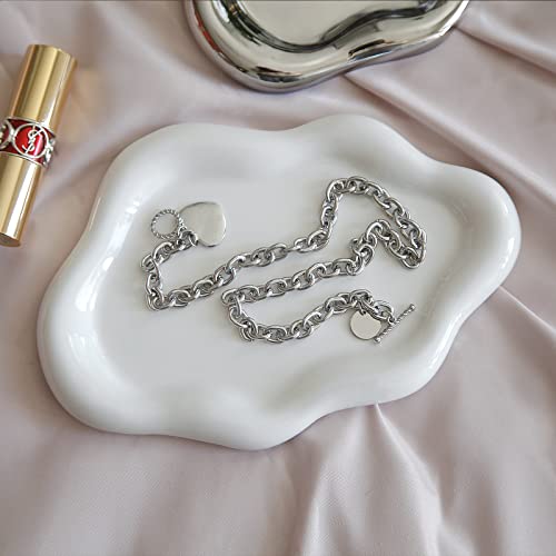 Image of Jewelry Dish Trinket Tray for Women, Ring Dish Holder, Unique Cloud Shape Ceramic Plate Cute Things Vanity Aesthetic Room Decor Mother's Day Birthday (White)