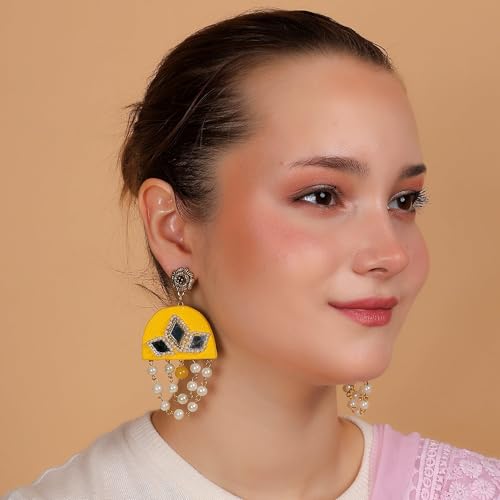 Image of KHOJ.CITY Ethnic Earrings for Women | Lightweight, Hand-Painted Chandbali with Pearl Chain | Handmade Jewellery for Women | Boho Earrings For Girls