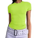 Dwnval Womens Sexy Basic T Shirts Summer Short Sleeve Crewneck Slim Fit Cute Crop Tops(Neon Green, S)
