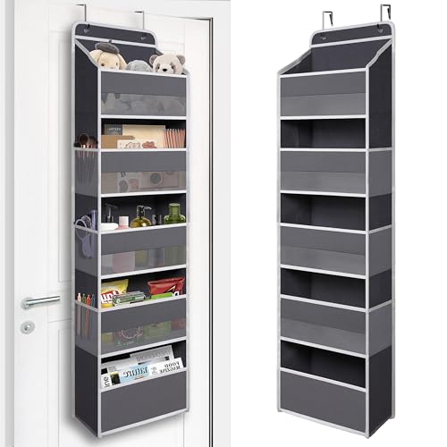 Image of TYMENSH Gray Over Door Organizer with 5 Large Clear Pockets and 6 Side Mesh Pockets, Anti-Tilt Hanging Door Storage for Closet, Bathroom, Bedroom, Dorm, Nursery, Toys