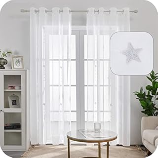 Amazon Brand - Umi Embroidered Wheat Ears Pattern Sheer Curtains Eyelets Linen Effect Voile Curtains Super Soft Net Curtains for Living Room 55 x 114 White Two Panels
