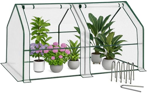 VOUNOT Invernadero de Jardín Mini 180x90x90 cm, con Techo en Punta y 2 Ventanas Enrollables con Cremallera, Cubierta PE Reforzada de 135g/m², para Semilleros, Plantas, Flores y Verduras, Blanco