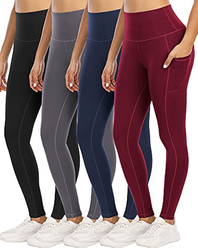 YOUNGCHARM 4 Pack Leggings with Pockets for Women,High Waist Tummy Control Workout Yoga Pants