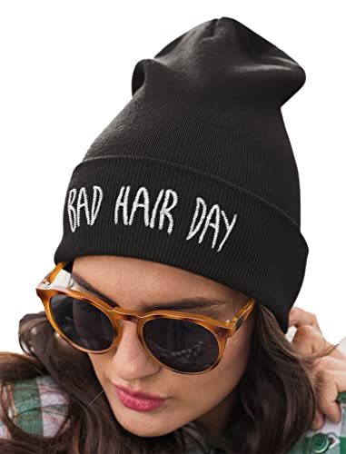 4sold Bad Hair Day Beanie Mütze (schwarz mit weißem Logo) Haube Wintermütze Strickmütze Einstickung Black cool modisch Cover