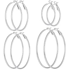 4 Pairs Silver Plated Hoop Earrings Set
