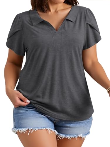 VISLILY Plus-Size-Summer-Tops for Women Casual Collared V Neck Polo Shirts Business Tunics Trendy Petal Short Sleeve Blouses3