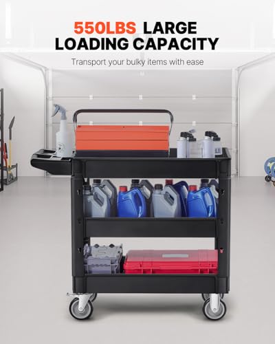 Image of VEVOR Utility Cart, 3-Tier Plastic Service Cart with 550LBS Capacity, 360 Swivel Casters (Including 2 Locking Wheels), Medium Lipped Shelves, Ergonomic Handle, for Garage, Warehouse, Cleaning Tasks | Utility Cart with 360 Swivel Casters (2 Locking Wheels) & Ergonomic Handle, Rolling Cart for Garage, Warehouse & Cleaning