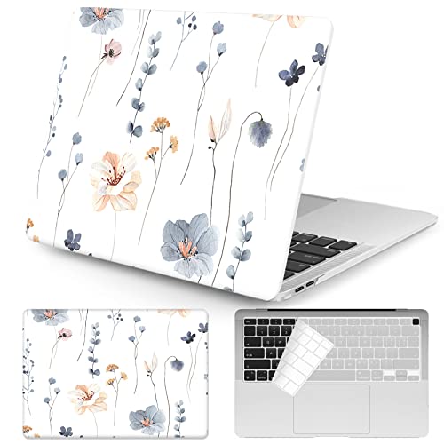 Watbro Compatible with MacBook Air 13 Inch Laptop Case 2020 2019 2018 Release A2337 M1/A2179/A1932 ,Blue and Apricot Watercolor Floral Case with Keyboard Cover Skin for MacBook Air 2020 with Touch ID