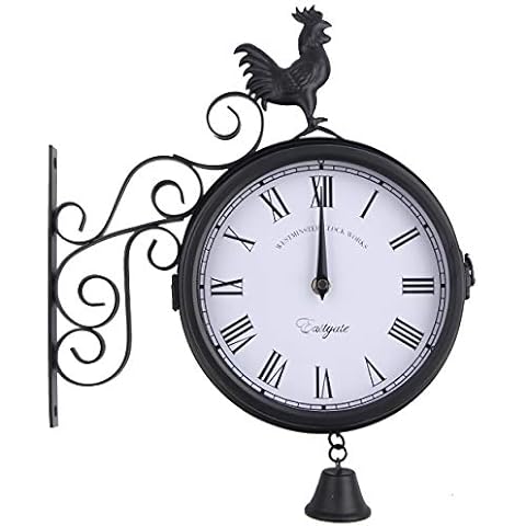 Amazlife Garden Wrought Iron Wall Clock, Outdoor Double-Sided Rooster Design Wall Hanging Clock with Bell, Vintage Roman Wall Clock for Garden Home Decoration (Black) Cover