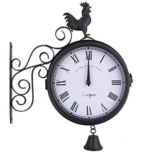 Amazlife Garden Wrought Iron Wall Clock, Outdoor Double-Sided Rooster Design Wall Hanging Clock With Bell, Vintage Roman Wall Clock For Garden Home Decoration (Black) #TOP29