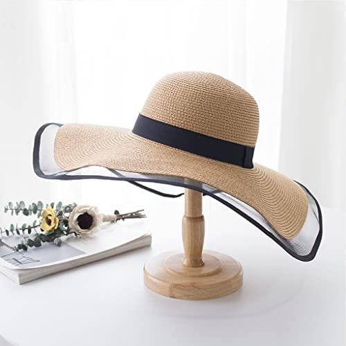 Chapeau de paille grand bord 15cm pour femme élégant avec lacet de plage pliable