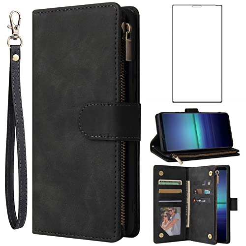 Image of Asuwish Compatible with Sony Xperia 5 II/Experia 5II 5G Wallet Case and Tempered Glass Screen Protector Leather Flip Cover Card Holder Cell Accessories Phone Cases for Experia5ii XQ-AS72 Women Black