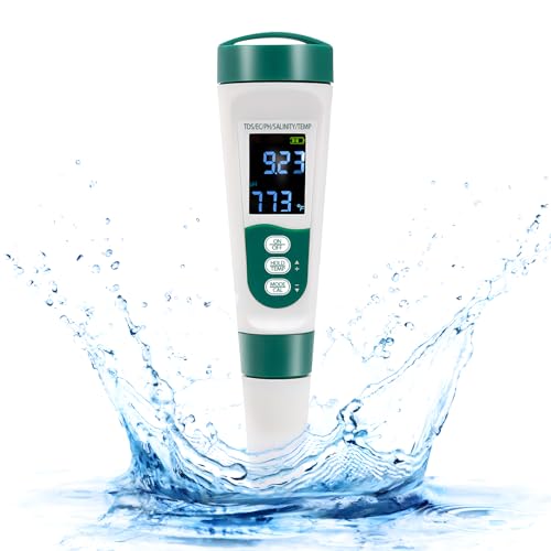 Diystudio 5-in-1 PH/EC/TDS/SALT/TEMP TDS メーター ecメーター ペーハー測定器 デジタル pH計 ph測定器 水質テスター 自動校正 ボタン電池の取り付けが不要 水質測定器水族館、水耕栽培、海水、スイミングプール、農業、温泉に最適な水温