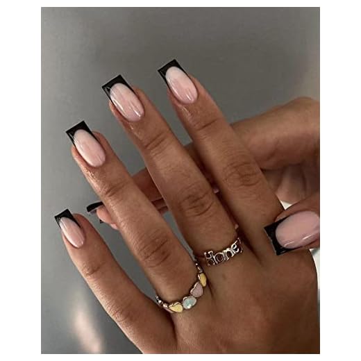 Foccna Black Press on Nails Medium Long French Fake Nails Square Acrylic False Nails,Artificial Glossy Nude Nails for Women and Girls- 24 pcs