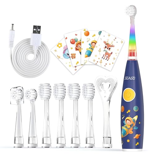 Seago brosse à dent électrique enfant rechargeable, 60 jours d'autonomie, brosse a dent bebe avec lumière LED 8 têtes, autocollants DIY drôles, Idéale pour enfants 0-6 ans, SG-2159, Bleu Marine