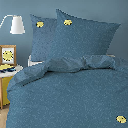 Smiley Smile Parure de Lit 220x240 cm | 100% Coton | Oeko-TEX | Housse de Couette 220x240 cm + 2 Taies d'oreiller 63x63 cm Imprimées Réversibles | Bleu