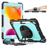 Timecity New iPad 7th Generation Case (iPad 10.2 Case 2019) with Screen Protector Pencil Holder Rotating Kickstand Hand/Shoulder Strap.Rugged Durable Tablet Cover for iPad 10.2 inch-Black+Light Blue