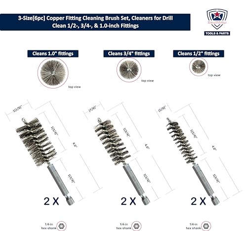 Kwalitistar PFC-6-321 3-Size[6Pc] Fitting Cleaning Brush Set (1/2, 3/4, 1.0-Inch) Copper Pipe Cleaner For Power Drill, Stainless-Steel Wire Bore Brush, Metal Tube Brushes thumb #2
