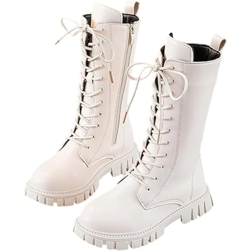 Girls Lace Up Combat Boots Mid Calf Riding Boots PU Leather Side Zipper Punk Goth Boot Non Slip Cowgirl Booties 4-12 Years