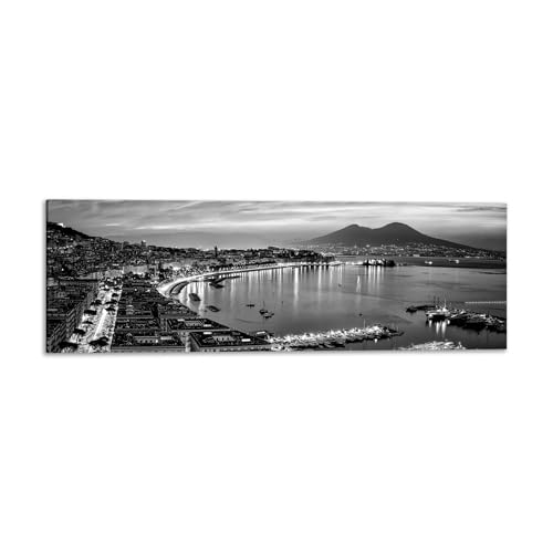 Panorama golfo di Napoli bianco e nero - Quadro Stampa su Tela con Telaio in legno - 150x50 cm